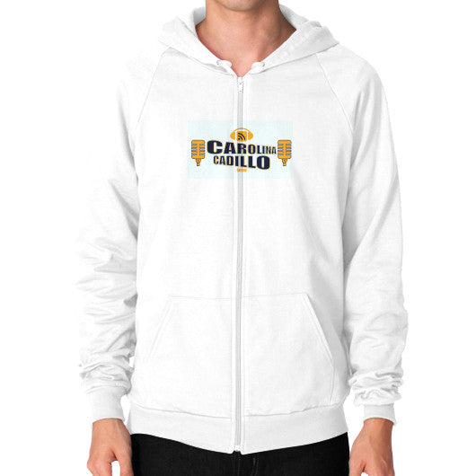Zip Hoodie (on man) White - Carolina Cadillo Merchandise